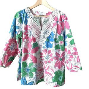 Talbot Embroidered Women Top Large White Multicolor Floral 3/4 Sleeves Bloomcore